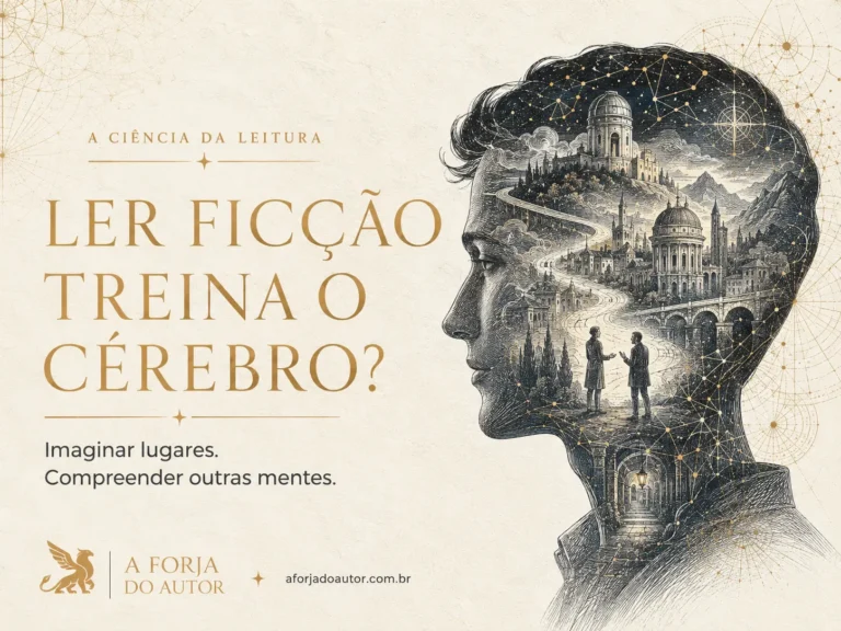 Perfil humano com paisagem imaginária e conexões, representando leitura de ficção e cognição