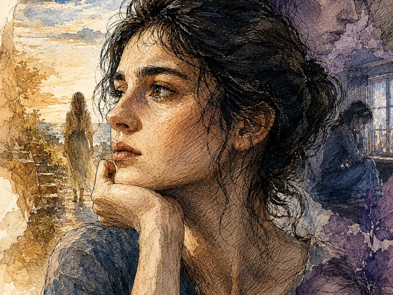 Retrato introspectivo em camadas que sugere desejo, memória, ferida e contradição.