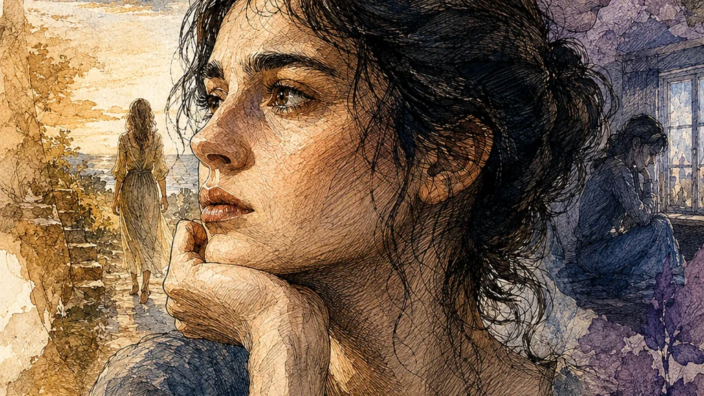 Retrato introspectivo em camadas que sugere desejo, memória, ferida e contradição.