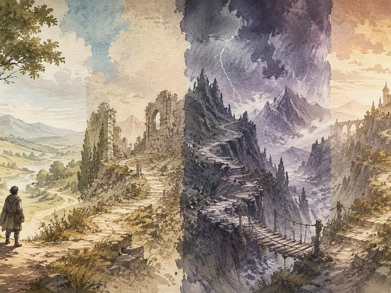 Viajante diante de caminhos contrastantes que conduzem por diferentes estágios até um destino.