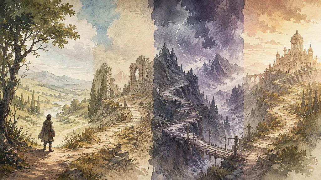 Viajante diante de caminhos contrastantes que conduzem por diferentes estágios até um destino.