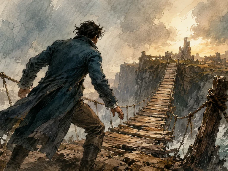 Personagem diante de uma ponte instável rumo a um objetivo, sob pressão e risco imediato.