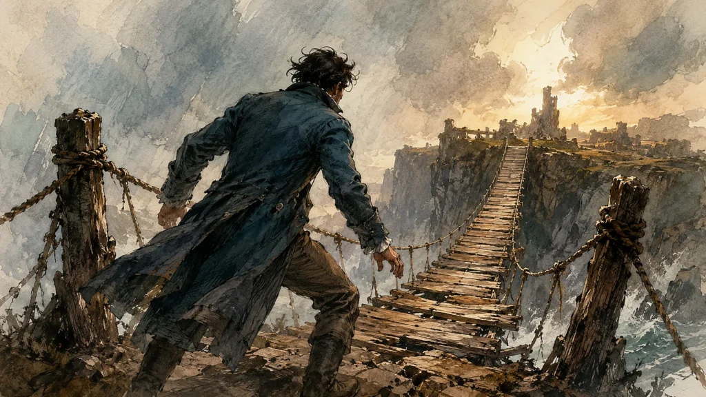 Personagem diante de uma ponte instável rumo a um objetivo, sob pressão e risco imediato.