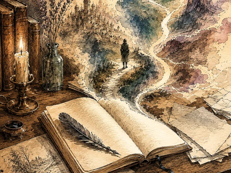 Ilustración editorial en acuarela de un cuaderno abierto del que surgen un mundo narrativo y caminos posibles para una historia.