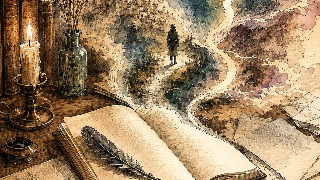 Ilustración editorial en acuarela de un cuaderno abierto del que surgen un mundo narrativo y caminos posibles para una historia.